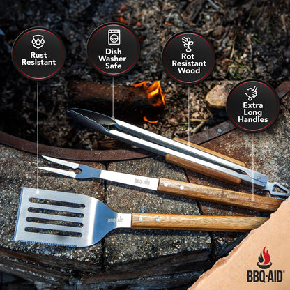 3 Piece BBQ Grilling Accessories Set - BBQ Tongs Spatula Fork Set - Heavy Duty Stainless Steel Barbecue Grill Tools with Solid Hard Wood Handles Great Gift Set