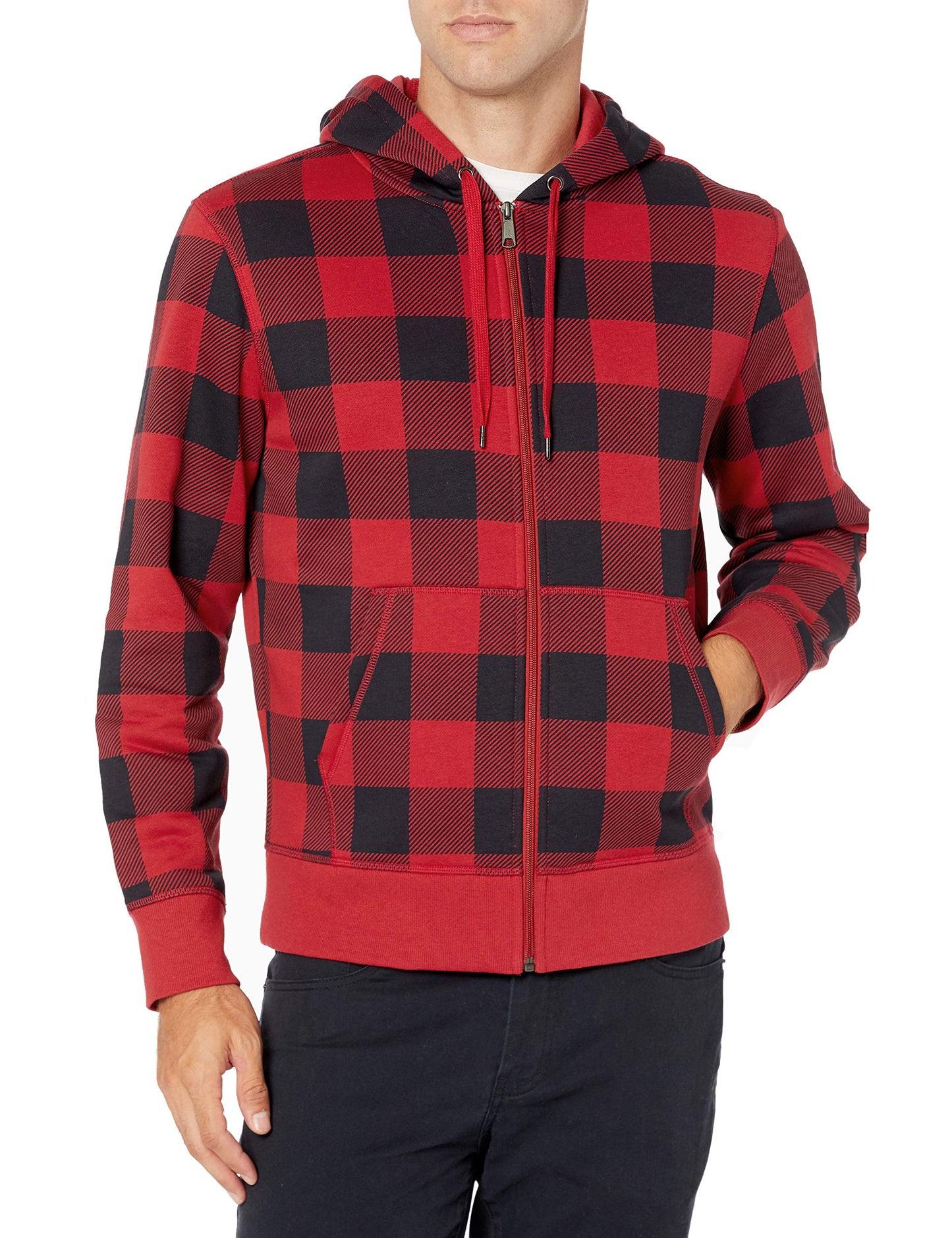 Amazon Essentials Men's Full-Zip Fleece Hoodie (Available in Big & Tall), Black Red Buffalo Plaid, X-Large