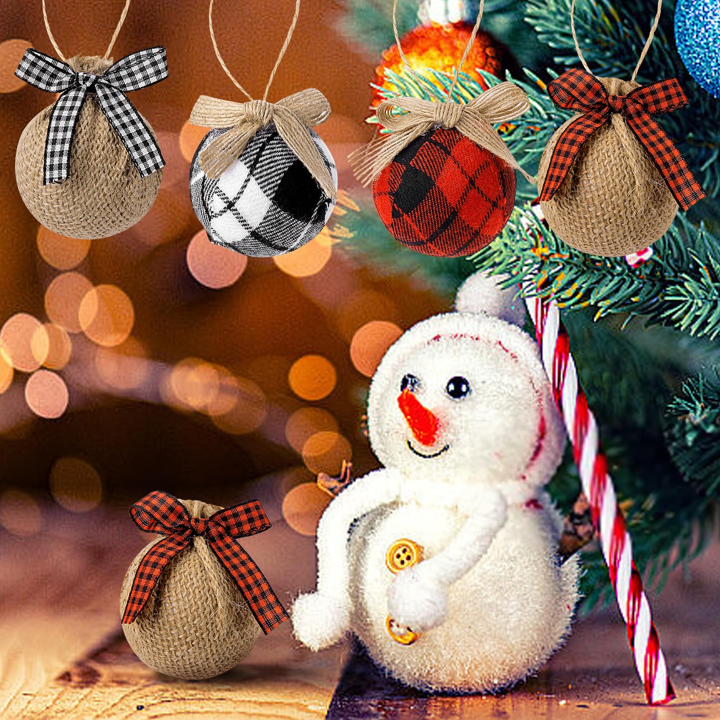 Deloky 24 Pcs Buffalo Plaid Fabric Ball Ornaments- 1.6 Inch Christmas Fabric Wrapped Burlap Hanging Balls- Rustic Buffalo Check Christmas Tree Ball Decoration for Holiday Party Home Decor