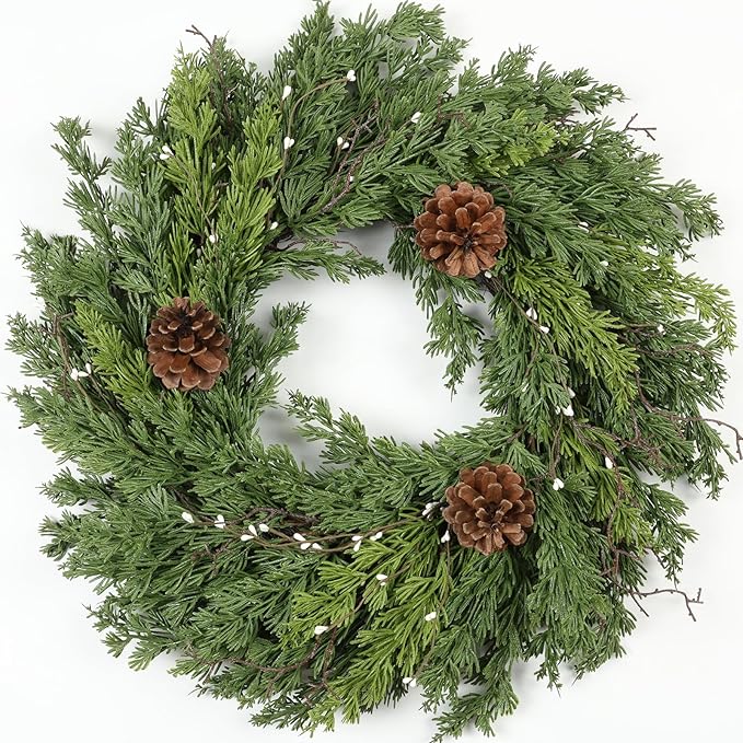 Artgar 24 Inch Christmas Cypress Wreath, Christmas Wreath for Front Door, Real Touch Pine Wreath Artificial Green Cedar Wreaths with Pine Cones for Wall Window Porch Indoor Outdoor Winter Decor