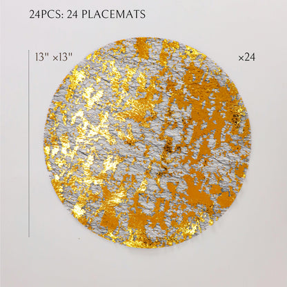 Snowkingdom Black Gold Placemats Round Disposable Sparkly Paper Metallic Glitter Foil Gold Doilies Luxury Dining Table Decoration Centerpieces for Party Birthday Wedding Christmas Shower Set of 24