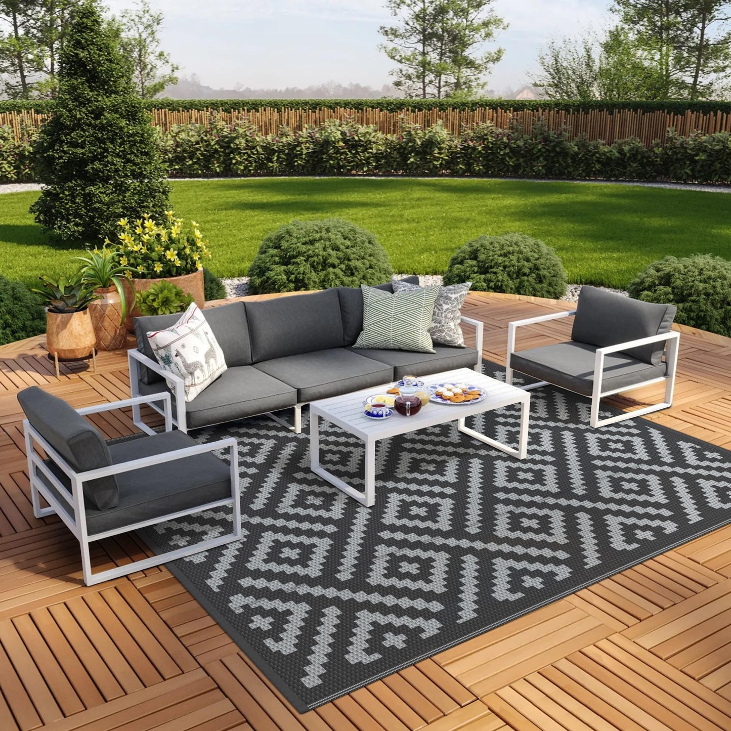 GENIMO Outdoor Rugs 8'x10' Waterproof, Reversible Mats, Area Plastic Straw Rug, Outside Carpet, Geometric Rv Mat for Patio Camping Rv Picnic Backyard Deck Balcony Porch Beach Trailer (Black & Grey)