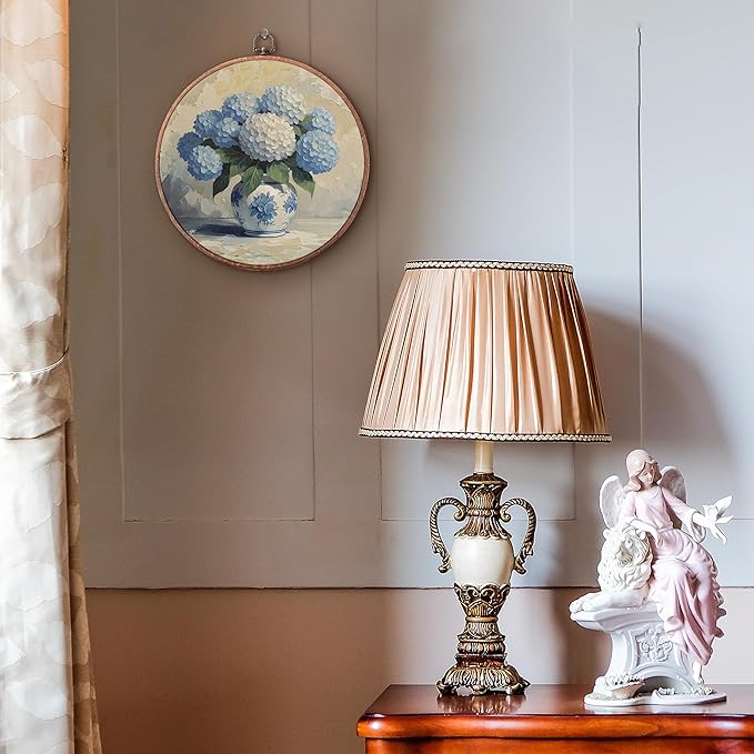Threegoat Chinoiserie Spring Floral Framed Round Wall Art,Blue and White Hydrangea Flowers Wall Art Decor for Bedroom,Vintage Wall Hanging Decor for Grand Millenial Grandmillennial Home - A08