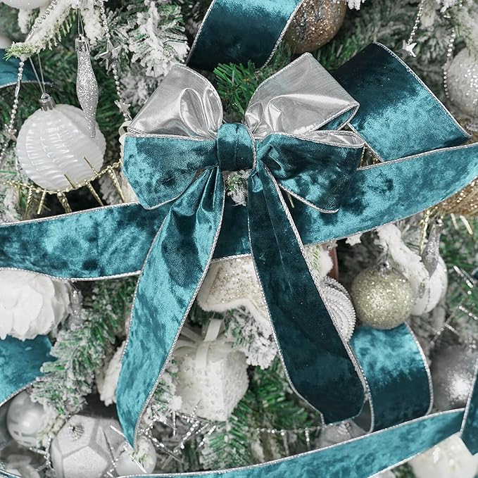 MEEDEE Crushed Teal Velvet Ribbon with Silver Back Double Sided 2.5 inch 10 Yards Blue and Gray Wired Ribbon for Christmas Tree, Wreath Supplies, Crafts Bow, Garlands, Seasonal Decorations