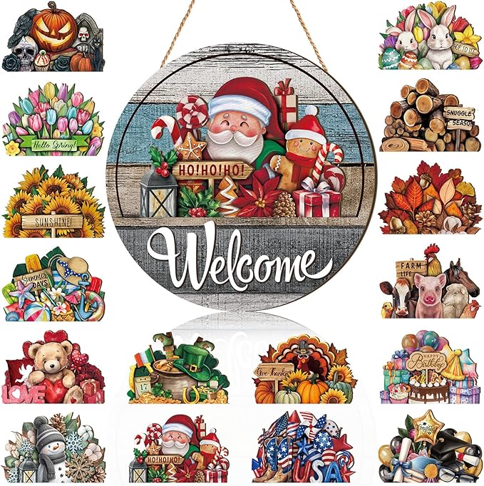 Yousoontic 17 Pcs 12 Inch Magnetic Welcome Door Sign Interchangeable Front Door Decor Rustic Fall Seasonal Hanging Sign Halloween Christmas Decor for Home Warming Gift(Retro Color,Grain Welcome)