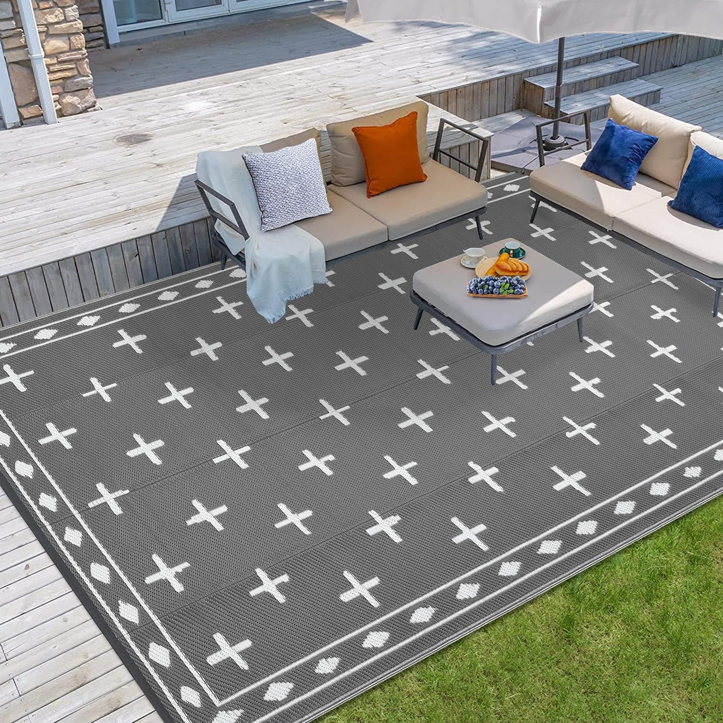 Garvee 8x10 Outdoor Rug, Reversible Waterproof Plastic Straw Patio Mat with Geometric Border Design, Camping & RV Floor Rug for Deck, Balcony, Backyard, Beach and Picnic,Grey
