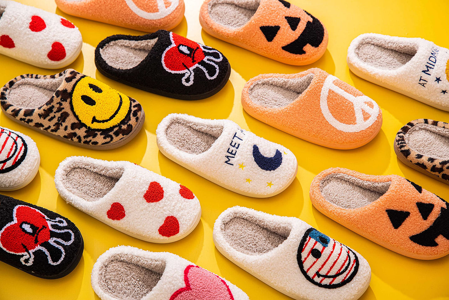 NEVEROLD Fun Cute Trendy Cartoon Illustrated Characters Colorful Comfort Cozy Plush Warm Fluffy Fur Slip On Cushion Slippers for Girls and Women (Pumpkin, medium)