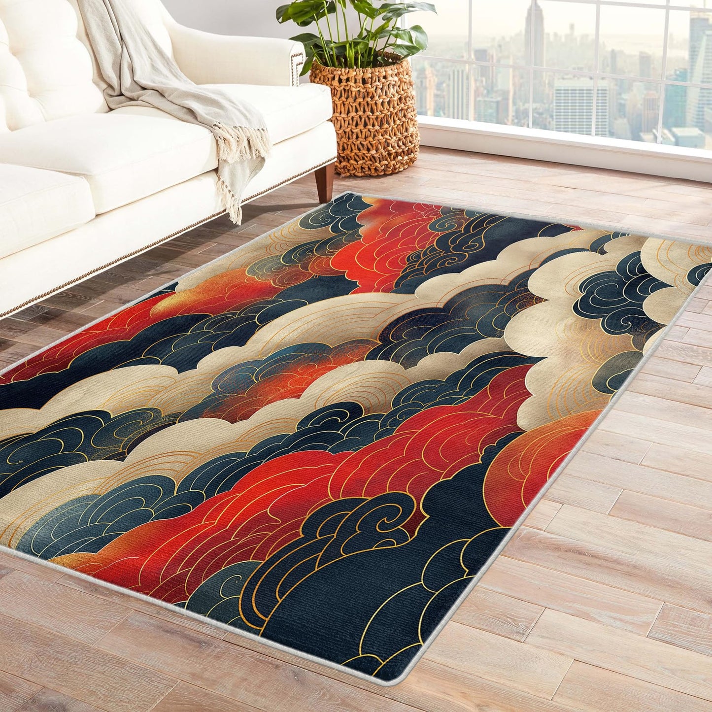 Zylphult Japanese Cloud Rug 4x5 Area Rugs for Bedroom Living Room, Oriental Area Rug, Asian Carpet Machine Washable Non-Slip Rug, Soft Low Pile Area Rug, Indoor Decorative Rugs L&d166