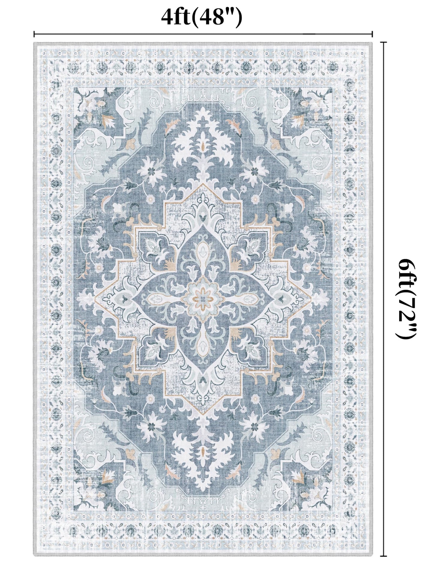 TTelephant 4x6 Area Rug, Soft Non-Slip Vintage Medallion Rug, Low-Pile Printed Indoor Washable Area Rugs for Living Room, Bedroom Bedside, Entryway, Kitchen -Blue/Gray