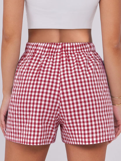 ANRABESS Boxer Shorts for Women Gingham Pajama 2025 Summer Casual Lounge Sleep Plaid Shorts Y2K Beach Bottoms Red White Plaid Medium