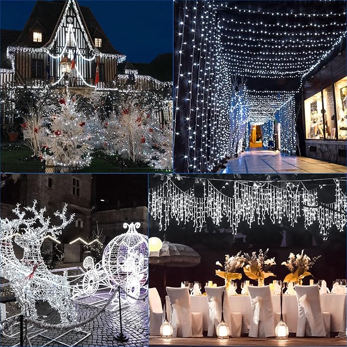 132Ft 1280 LED Christmas Icicle Lights Extra Long 8 Modes Waterproof Icicle String Lights with 240 Drops, Fairy Hanging Lights Decor with Remote for Xmas Wedding Indoor Outdoor(Cold White)