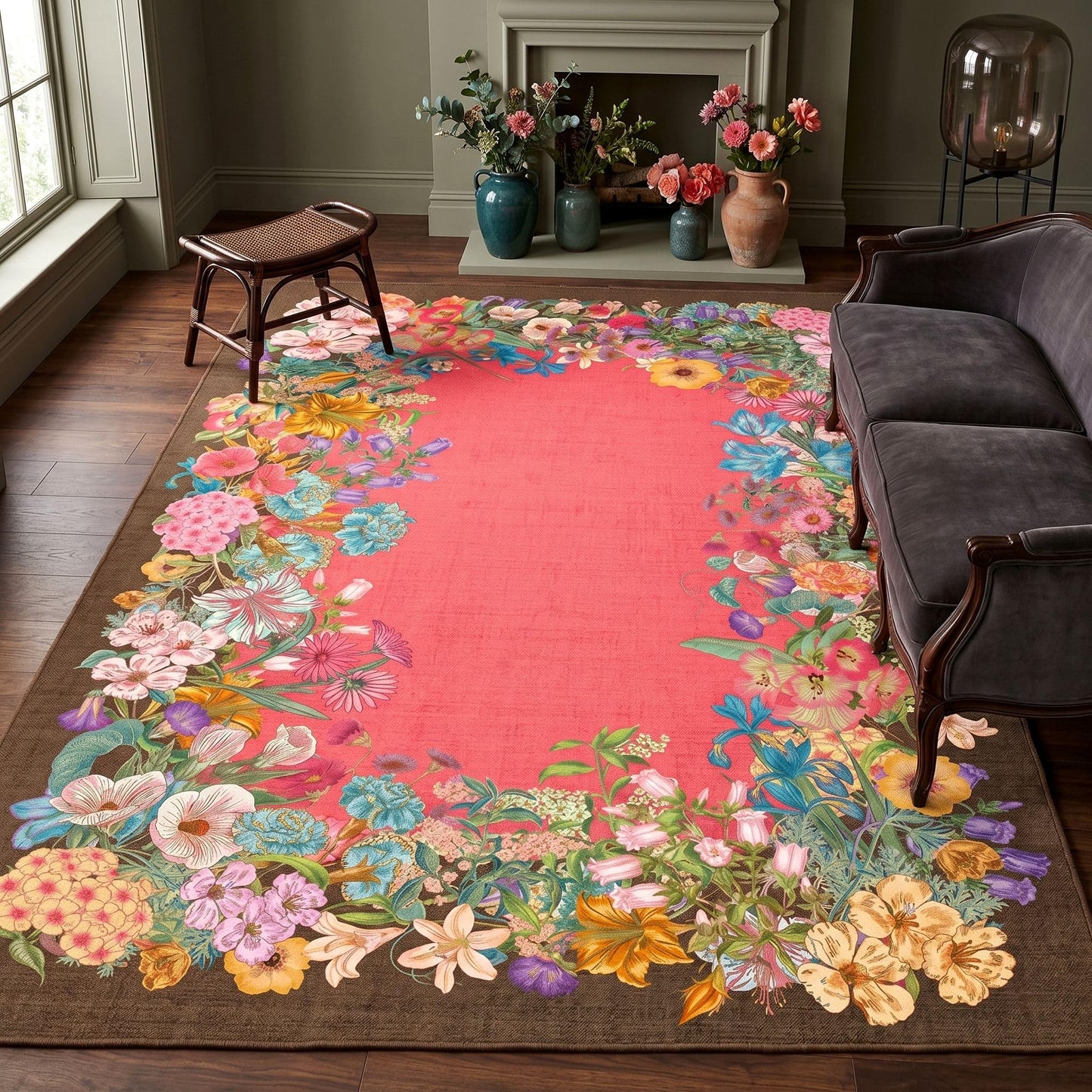 8x10 Floral Area Rug for Living Room Machine Washable Rose Brown Boho Floral Print Carpet Non-Slip Stain Resistant Floor Mat for Bedroom Dining Room Home Office Decor