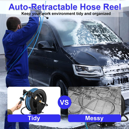 JOEJET Auto-Retractable Pressure Washer Hose Reel, 50FT x 3/8" Heavy Duty Steel Power Washer Hose Reel Dual Arm, 4000 PSI