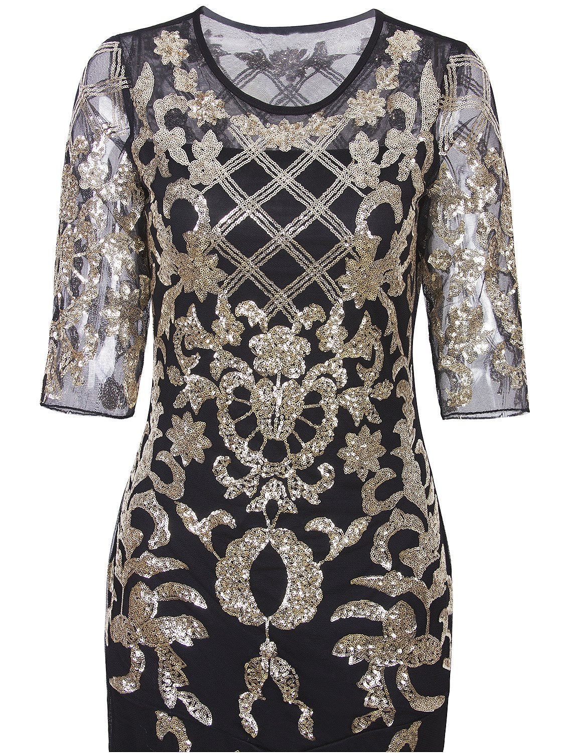 Vijiv Vintage 1920s Long Wedding Prom Dresses 2/3 Sleeve Sequin Party Evening Gown, Black/Gold, L