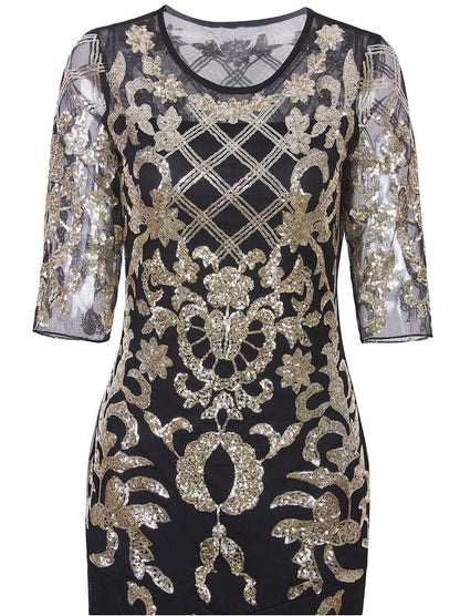 Vijiv Vintage 1920s Long Wedding Prom Dresses 2/3 Sleeve Sequin Party Evening Gown, Black/Gold, L