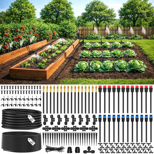 MIXC 2026-Upgrade 360° Adjustable Drip Irrigation System Kit, 200FT Bendable Watering Misting System with 3 Spray Nozzle Types, 1/2"(50FT) & 1/4"(150FT) Tubing for Garden Raised Bed Lawn & Greenhouse