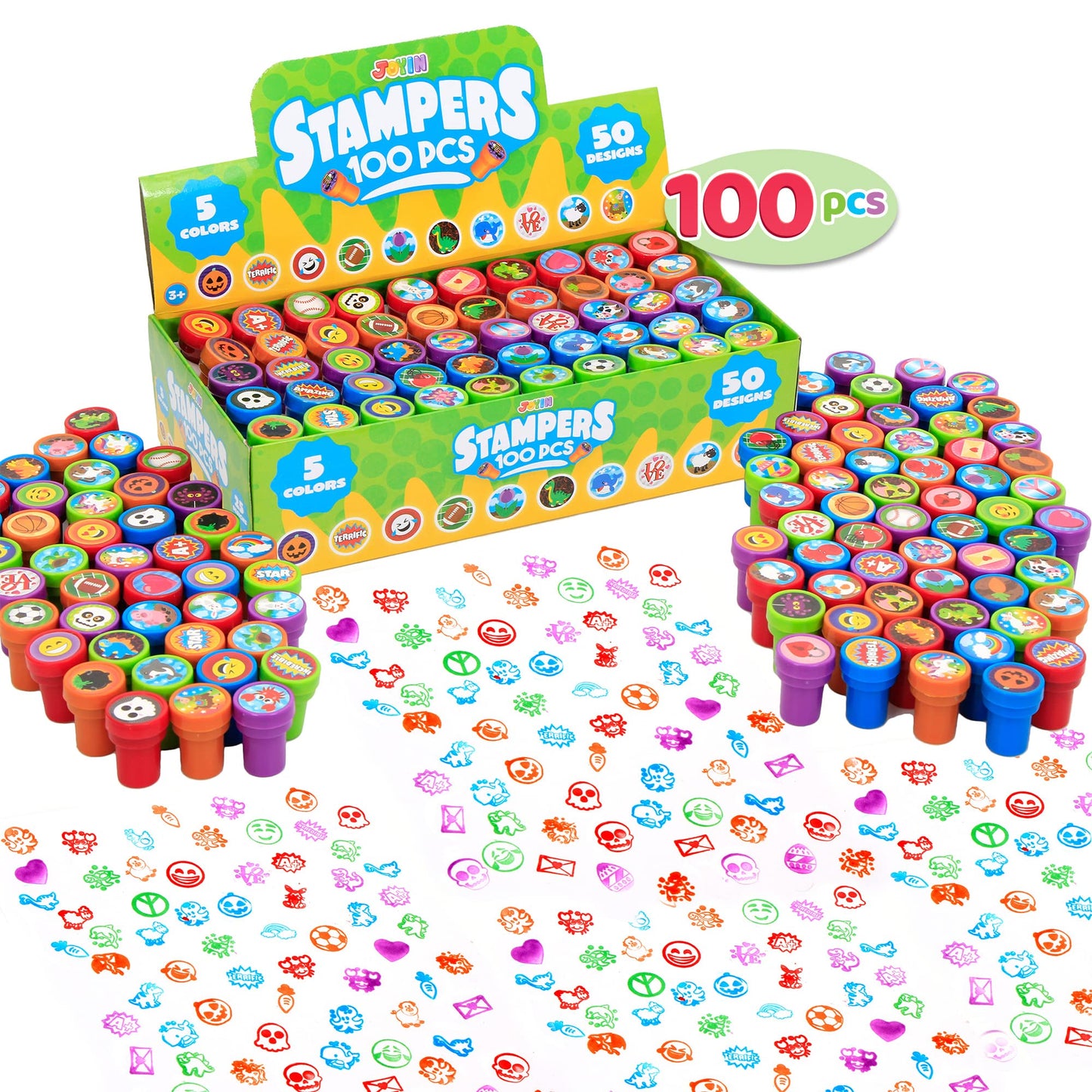 JOYIN 100 Pcs Assorted Stamps for Kids Self-Ink Stamps (50 Different Designs, Dinosaur, Zoo Safari Stampers) for Party Favor, Carnival Prizes, School, Easter Egg Stuffers, Halloween, Christmas