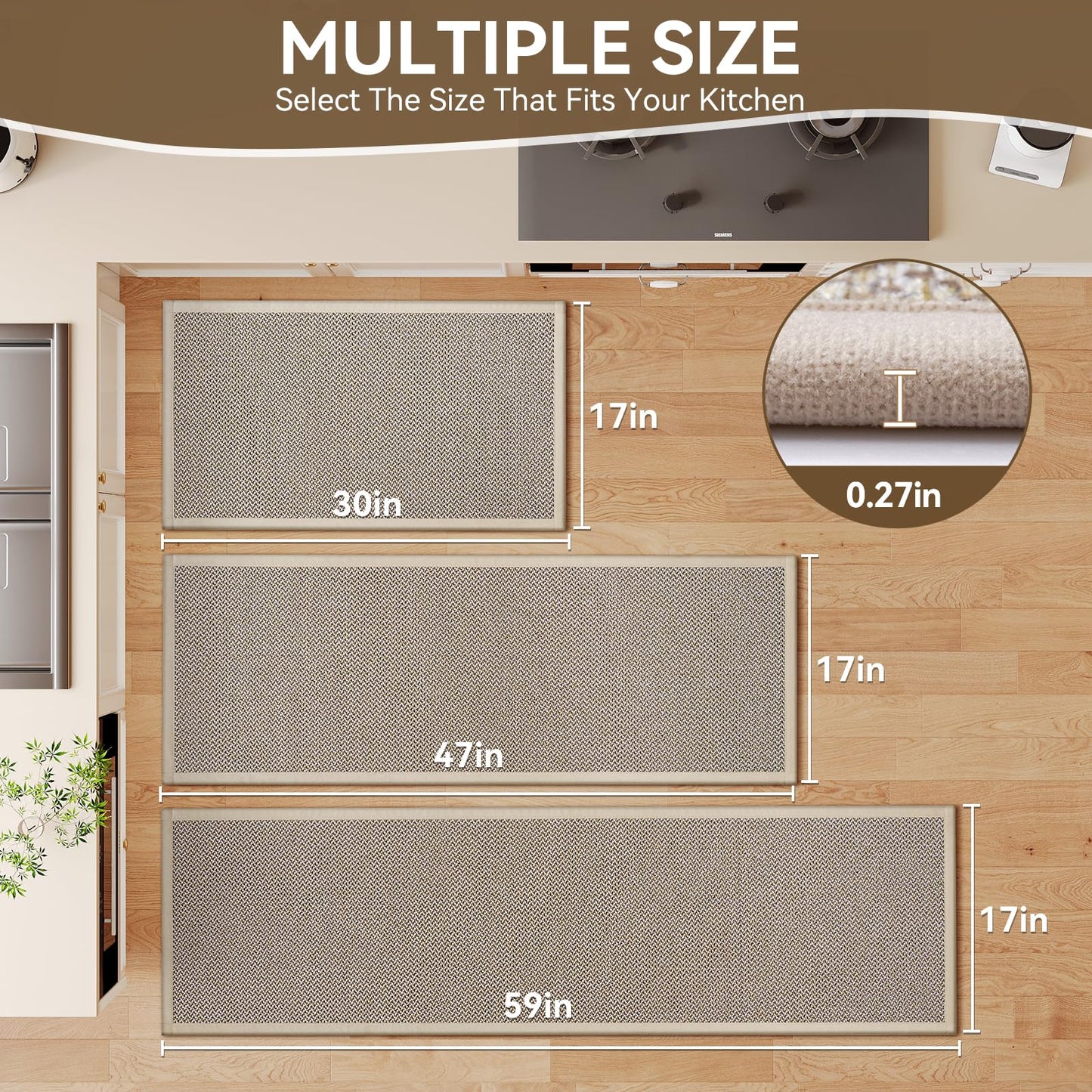 QiCaiJia Kitchen Mat, Non-Slip and Washable, Soft Kitchen Mat, Water Absorbent Floor Mat, Woven Sink Mat, Brown 17"x30"