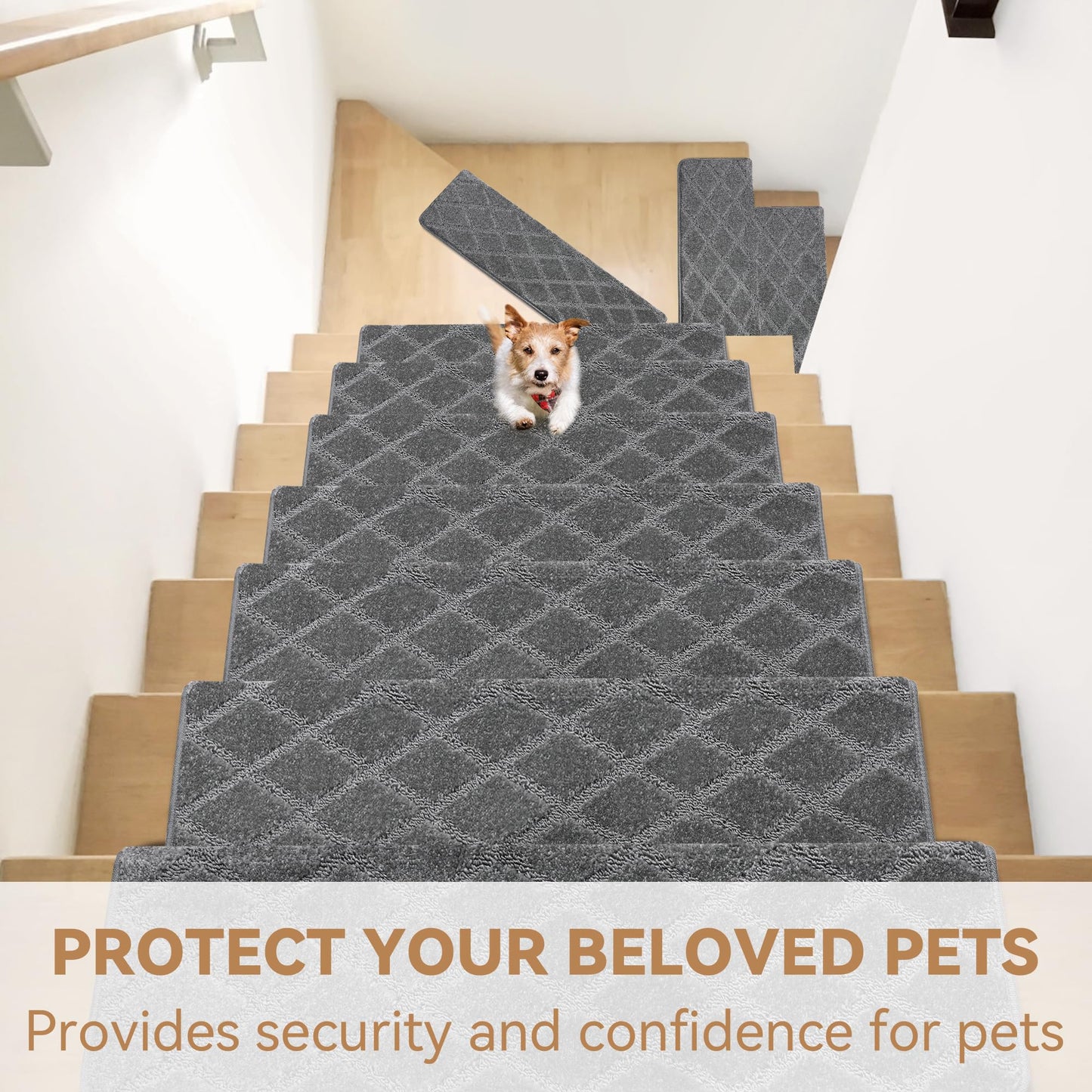 Bullnose Stair Treads Non Slip 9.5" x 32", 14 Pcs Carpet Stair Treads for Wooden Steps Indoor with Edge Protection, Reusable Peel and Stick TPU Backing Stair Runner Rugs - Diamond Pattern Grey.