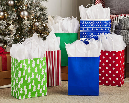 Hallmark 9" Medium Holiday Gift Bag Assortment (Pack of 12, Solids and Prints in Red, Green, Blue) Paper Gift Bags with Christmas Trees, Stripes, Polka Dots, Ho Ho Ho and More