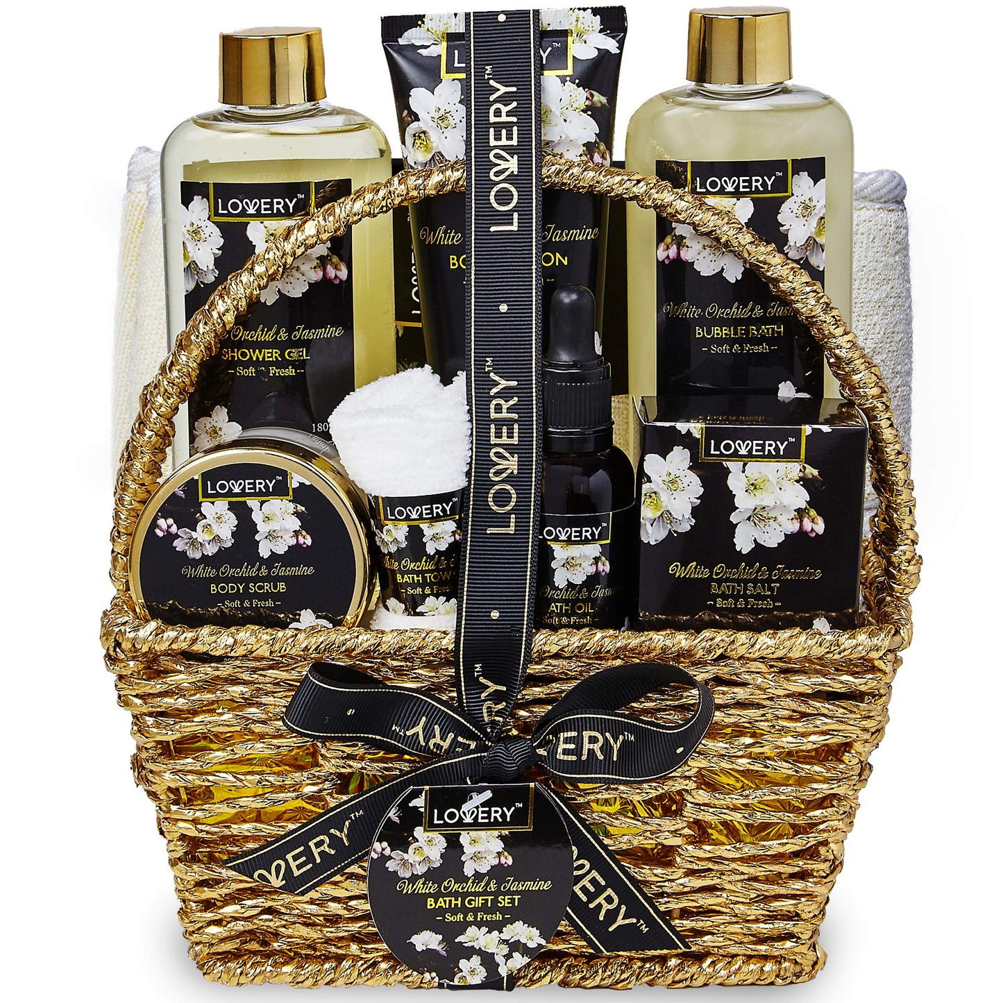 Christmas Gift Baskets for women Mom Christmas Gifts, Bath and Body Spa Set– Orchid & Jasmine Home Spa Set With Body Scrubs, Lotions, Oils, Gels and More - Care Package for Women & Men - 9 Piece Set