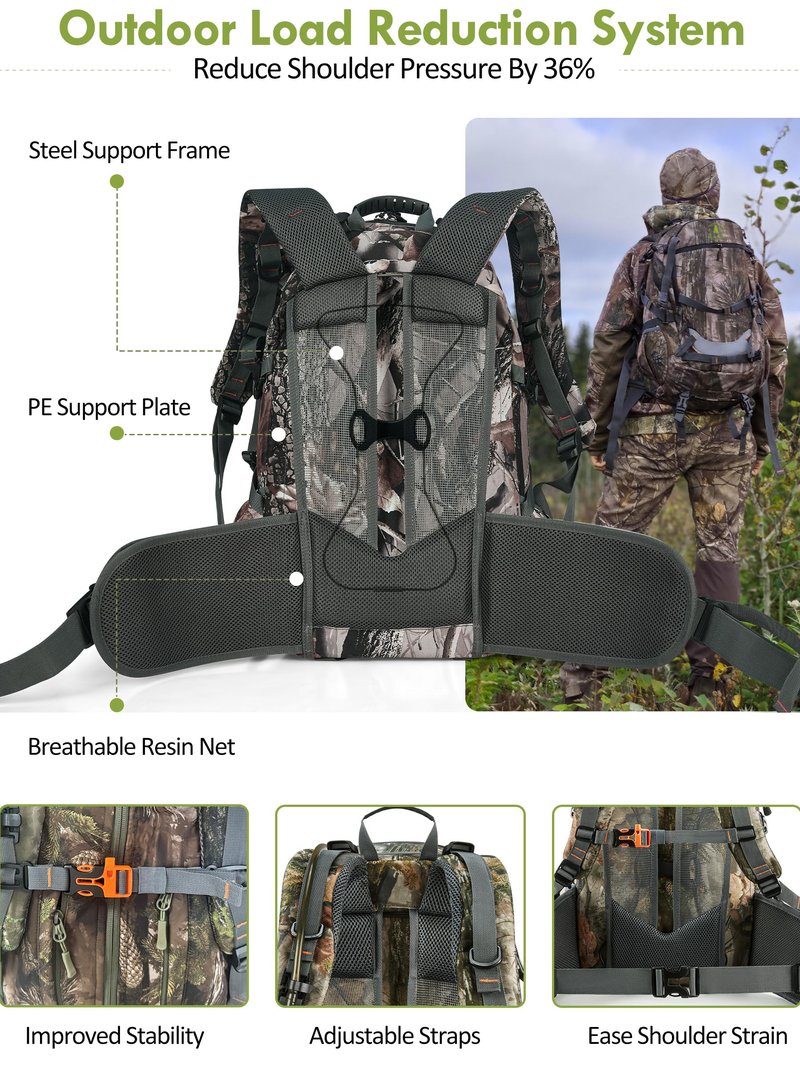 Camo Hunting Backpack for Men, 35L Durable Hunting Pack, 600D Daypack with Rain Cover, Interal Frame Support