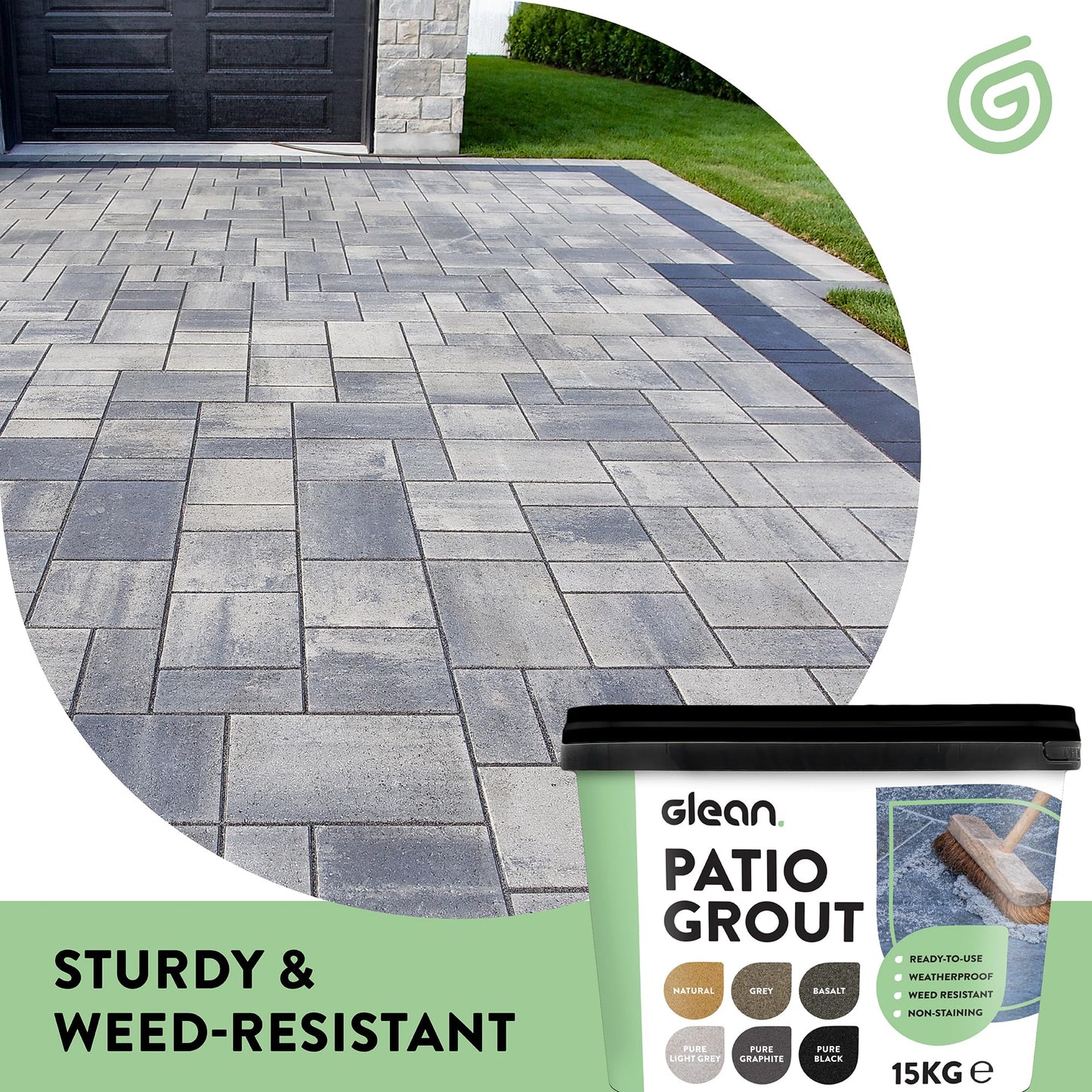 GLEAN Patio Grout | NATURAL | 15kg - 20m² Coverage | Jointing Compound | Brush In Patio Grout For Paving Patios & Block Paving | Self Setting All Weather Application | Ready Mixed