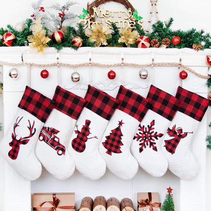 LUBOT Set of 6 Christmas Stocking(20inch) Silhouette Buffalo Red Plaid/Rustic/Farmhouse/Country Cotton Fireplace Hanging Xmas Stockings Decorations for Family Holiday Season Decor