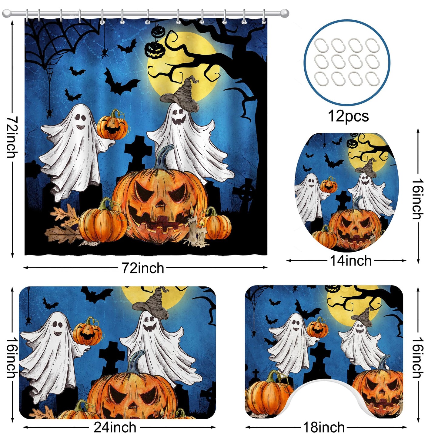 pinata Halloween Shower Curtain Set, Halloween Bathroom Set 4, Bathroom Decor Sets with Shower Curtain and Rugs Accessories, Ghost Curtains for Bath Decor