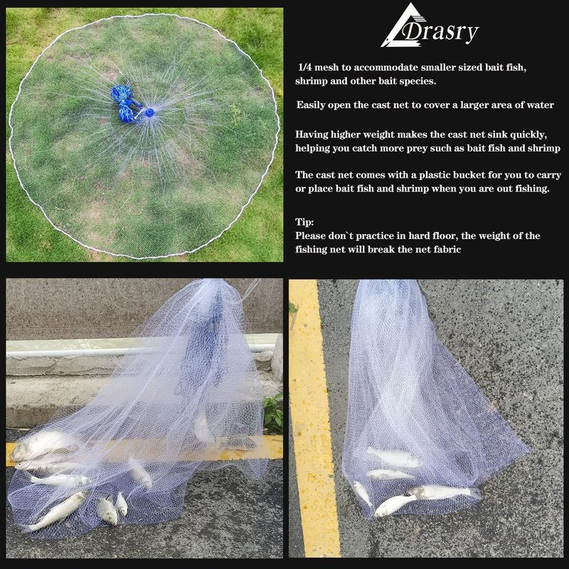 Drasry 1/4 Saltwater Fishing Cast Net for Bait Shirmp Trap Fish Throw Net with Heavy Lead Sinkers. Size 3FT to 10FT Radius Freshwater（1/4 Inch Mesh） Monofilament Cast Net, 3FT(90cm) Radius