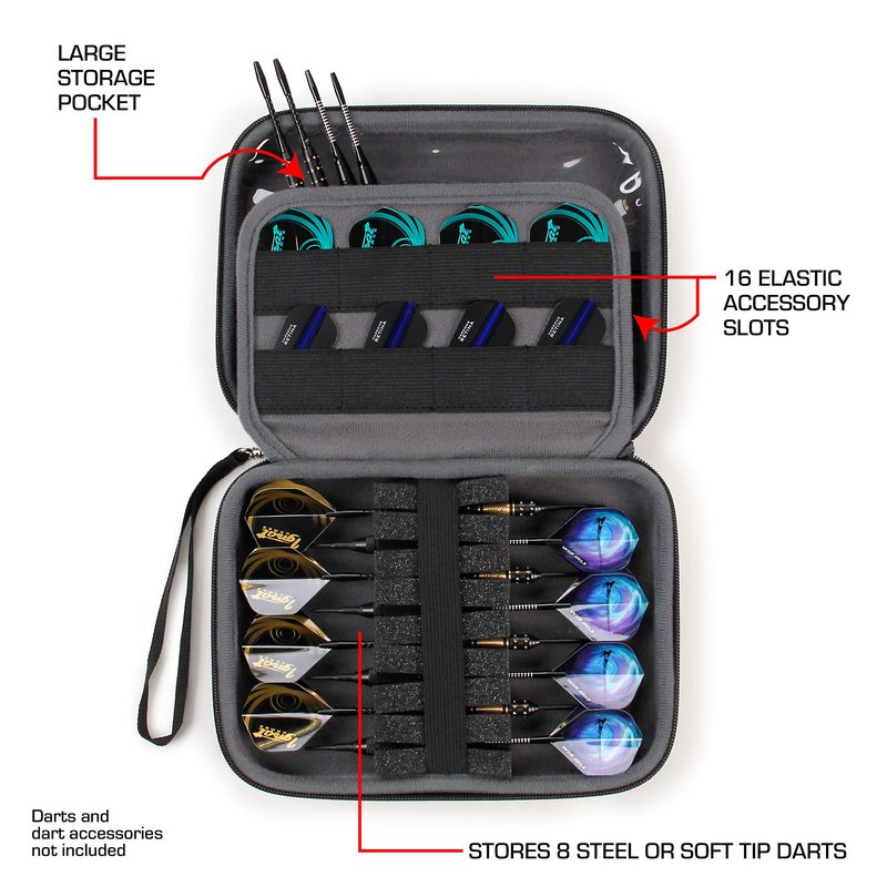 USA Gear Hard Shell Dart Case - Protective Storage Carrying Case for Darts (8), Tips, Flights, Shafts, Sharpeners, More Accessories - Compatible with Soft Tip and Steel Tip (Black)