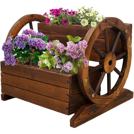 Wooden Wagon Planter Box, Garden Planter with Wheels,Decorative Planters for Flowers Herbs Vegetables for Indoor & Outdoor Décor,Wooden Flower Cart for Patio Garden Balcony Decoration