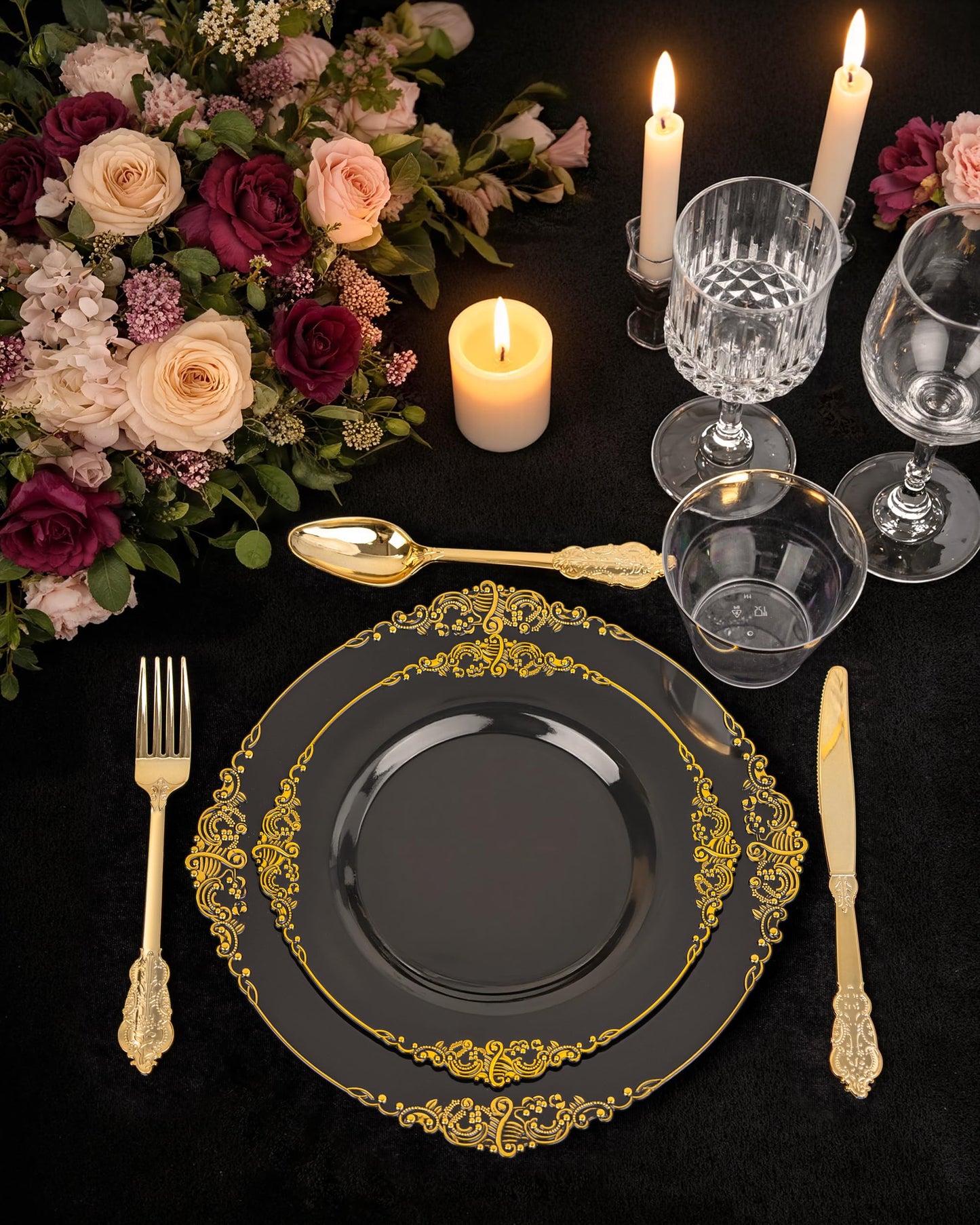 Nervure 100PCS Black and Gold Plastic Plates - 10.25Inch Black Disposable Plates - Black Plastic Dinner Plates for Wedding & Party & Halloween