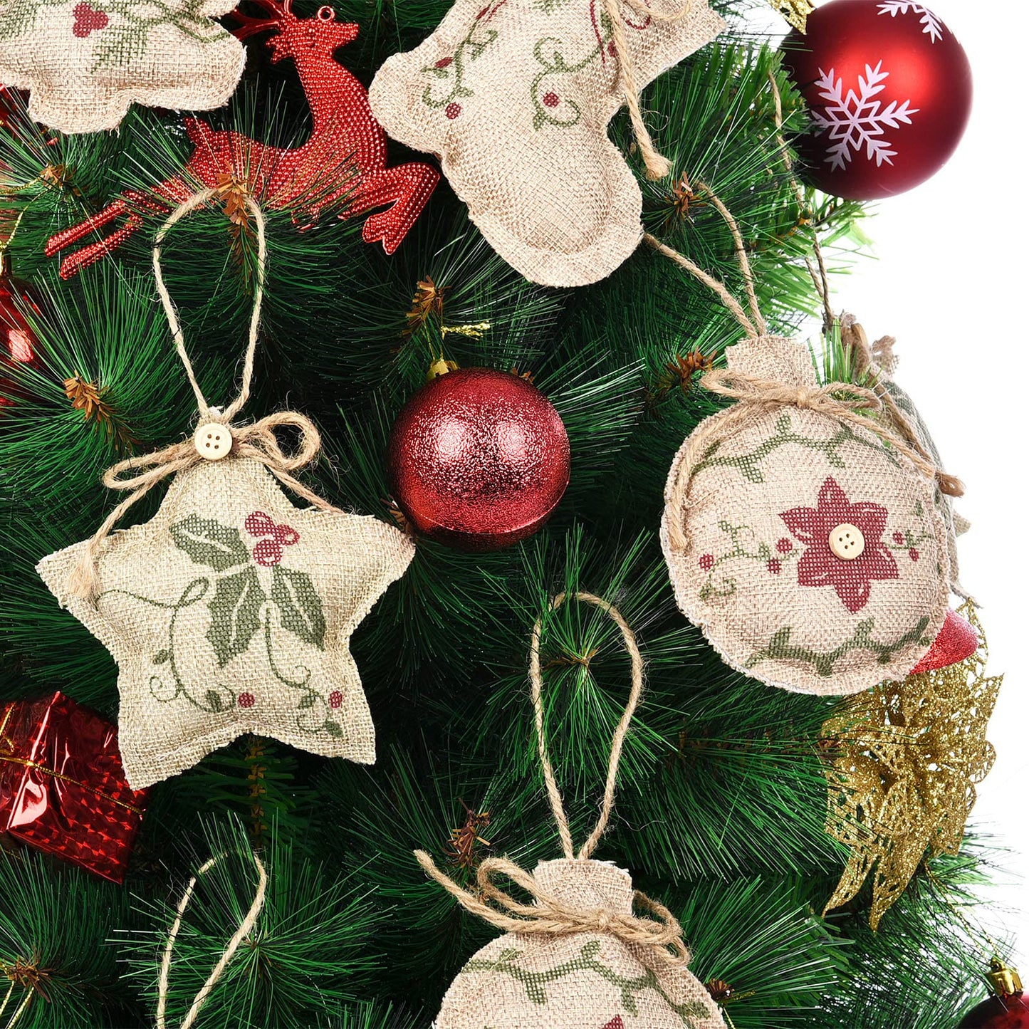 Jetec 12 Pieces Rustic Christmas Burlap Tree Ornaments Farmhouse Hanging Decorations Christmas Stocking Tree Ball Shaped Decor for Party