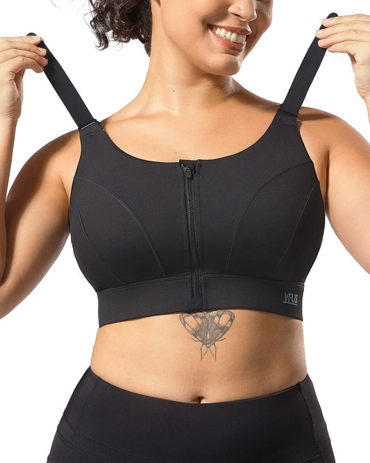 VFUS Adjustable High Impact Sports Bras for Women Zip Front Full Coverage and Lift Padded Compression Tops (XX-Large, Black)