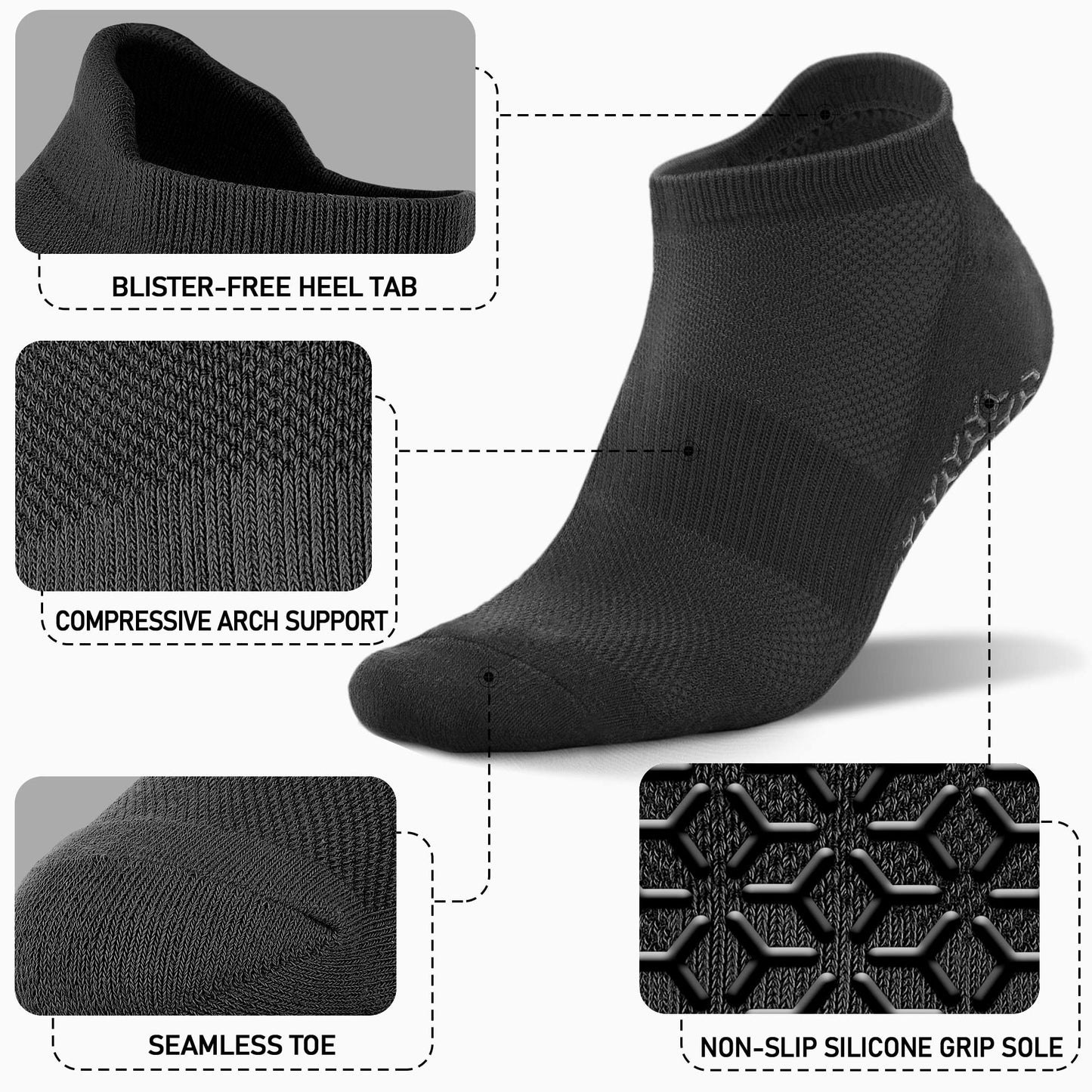 NEWZILL 3 Pairs Non Slip Yoga Socks With Grips for Women & Men, Unisex Anti Skid Socks, Ankle Grippy Slipper Socks for Pilates Barre Workouts Home Hospital (S/M Black)