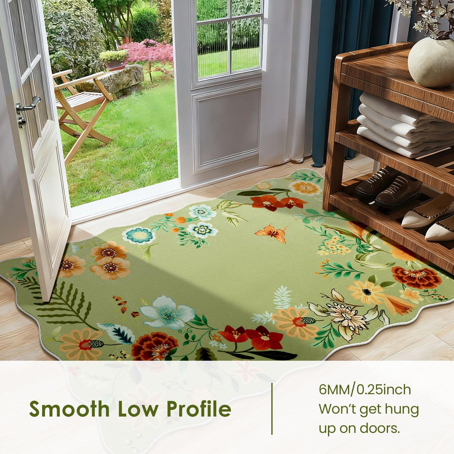 Asrug Scalloped Round Rug 3ft, 3’Green Round Area Floral Rug Low Pile Stain Resistant Non Slip Washable Circle Rugs for Living Kitchen Bedroom Nursery Entryway, Floral Soft Carpet