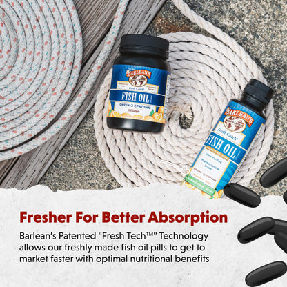 Barlean's Omega 3 Fish Oil Supplements, Supplement Softgels for Men and Women, 600mg EPA and DHA Fatty Acids, Orange Flavored, 100 Count