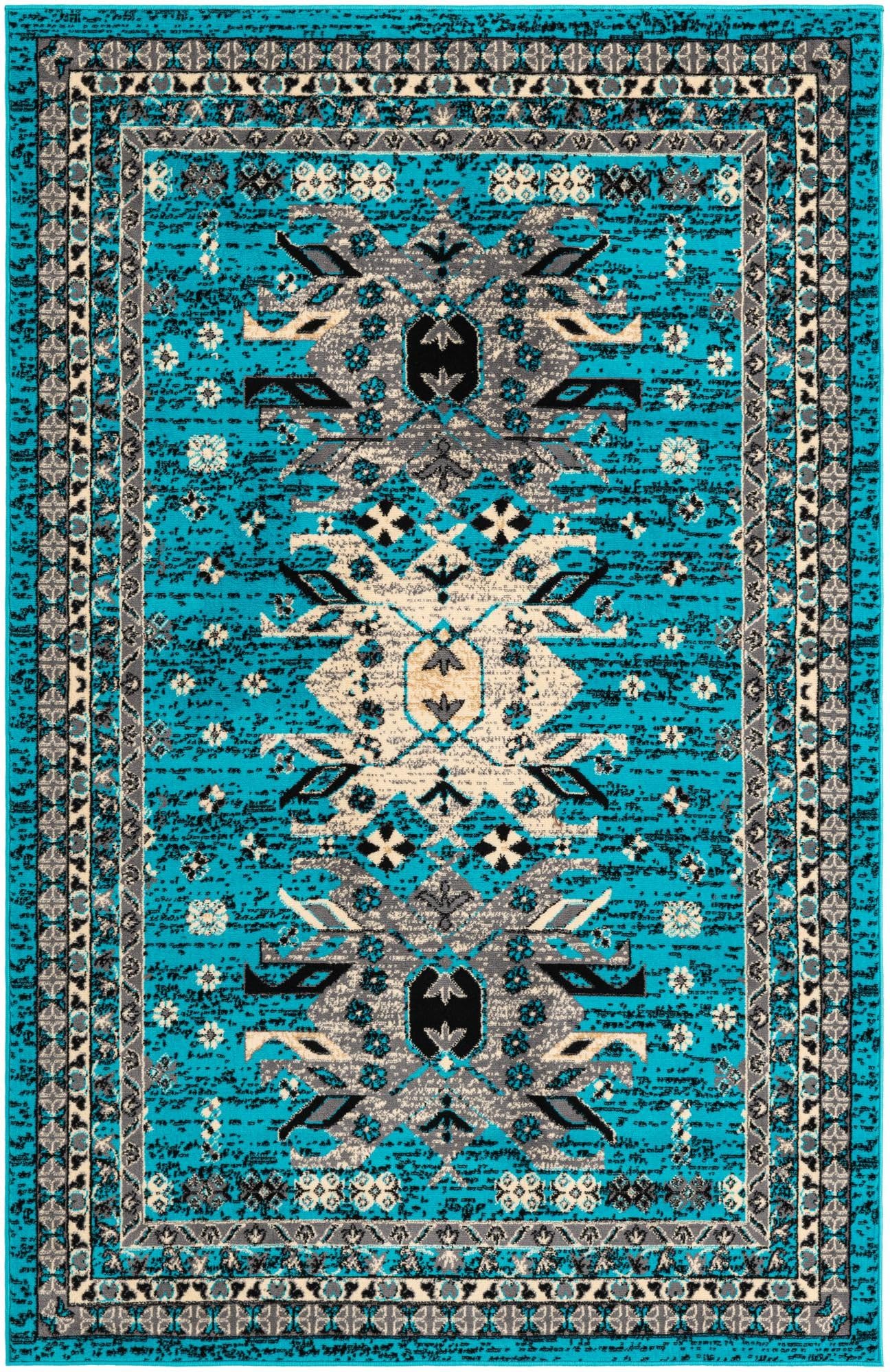 Unique Loom Taftan Collection Border Geometric Tribal Inspired Design Area Rug (5' 0 x 8' 0 Rectangular, Turquoise/ Gray)