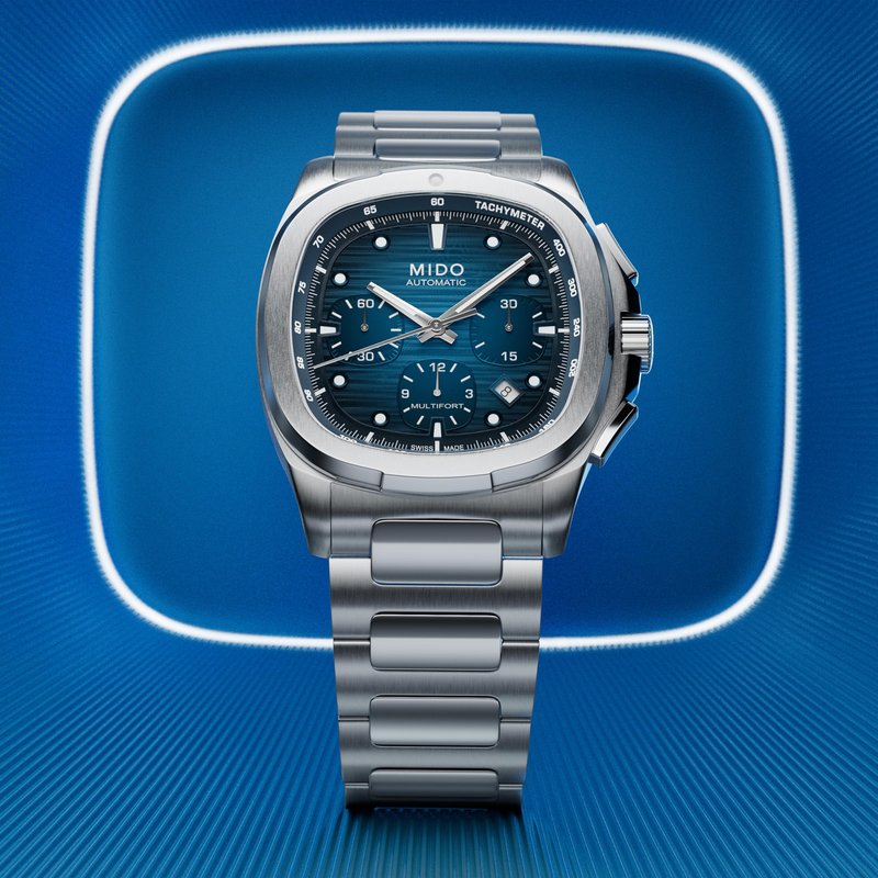 MIDO Multifort TV Chronograph - Swiss Automatic Watch for Men - Blue Dial- 41.2 x 42mm Stainless Steel Case and Bracelet with Additional Blue Fabric Strap - M0495271104100