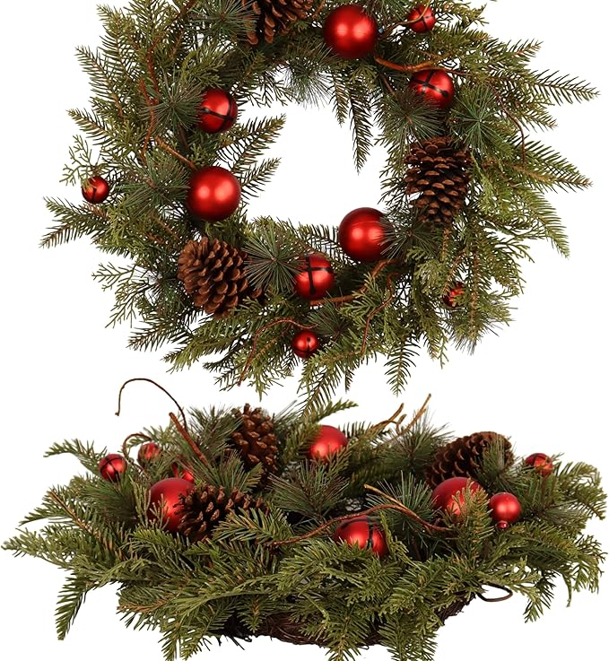 22-Inch Handcrafted Artificial Christmas Wreath with Pinecones, Red Ornaments, and Lifelike Pine Branches Winter Holiday Wreath for Front Door and Home Décor, Indoor/Outdoor Seasonal Décor