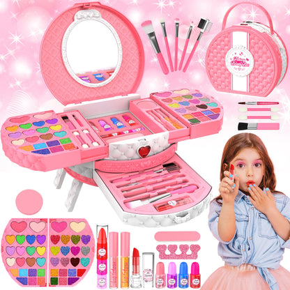 66 Pcs Kids Makeup Sets For Girls with Portable Stand,Make Up Starter Kit Children Princess Pretend Play Games Toys Presents,Little Girl Birthday Gifts Set For Age 3 4 5 6 7 8 9 10 11 12 Years Old