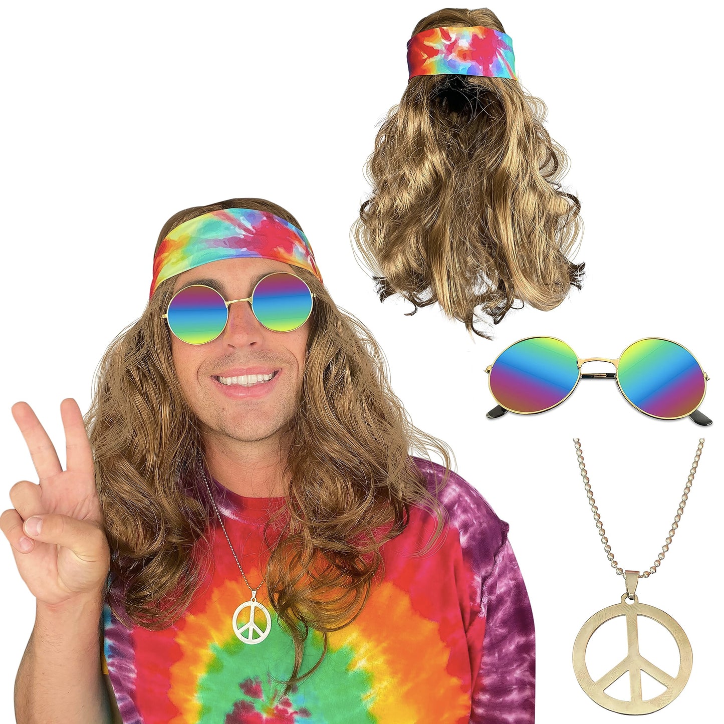 Watt's Wigs - Hippie Costume Set, Brown Wig, Tie Dye Headband, Rainbow Sunglasses, and Peace Medallion Necklace - 60s or 70s Hippy Woodstock Cosplay