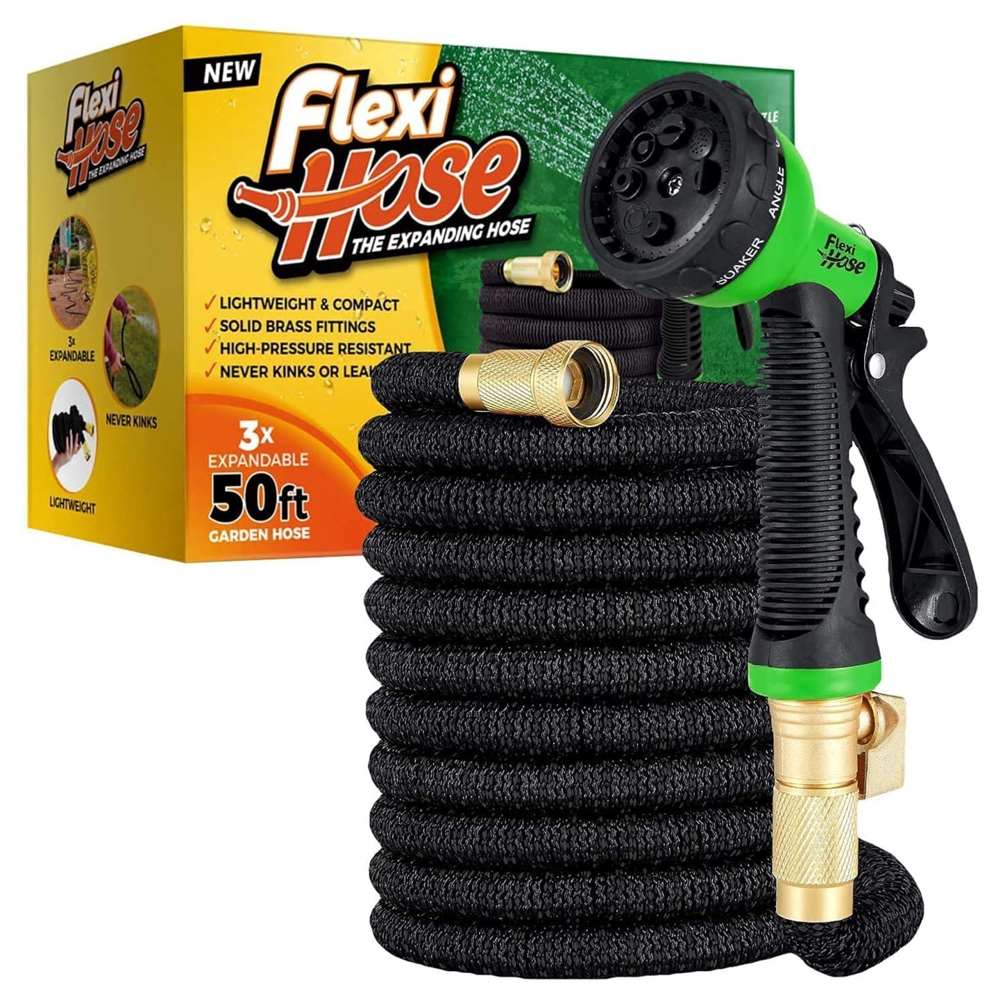 Flexi Hose Expandable Garden Hose - 50FT Heavy Duty Water Hose, Retractable Hose with 2cm Brass Fittings - Expandable Hose Design Includes Spray Nozzle (Black 15 Metres)