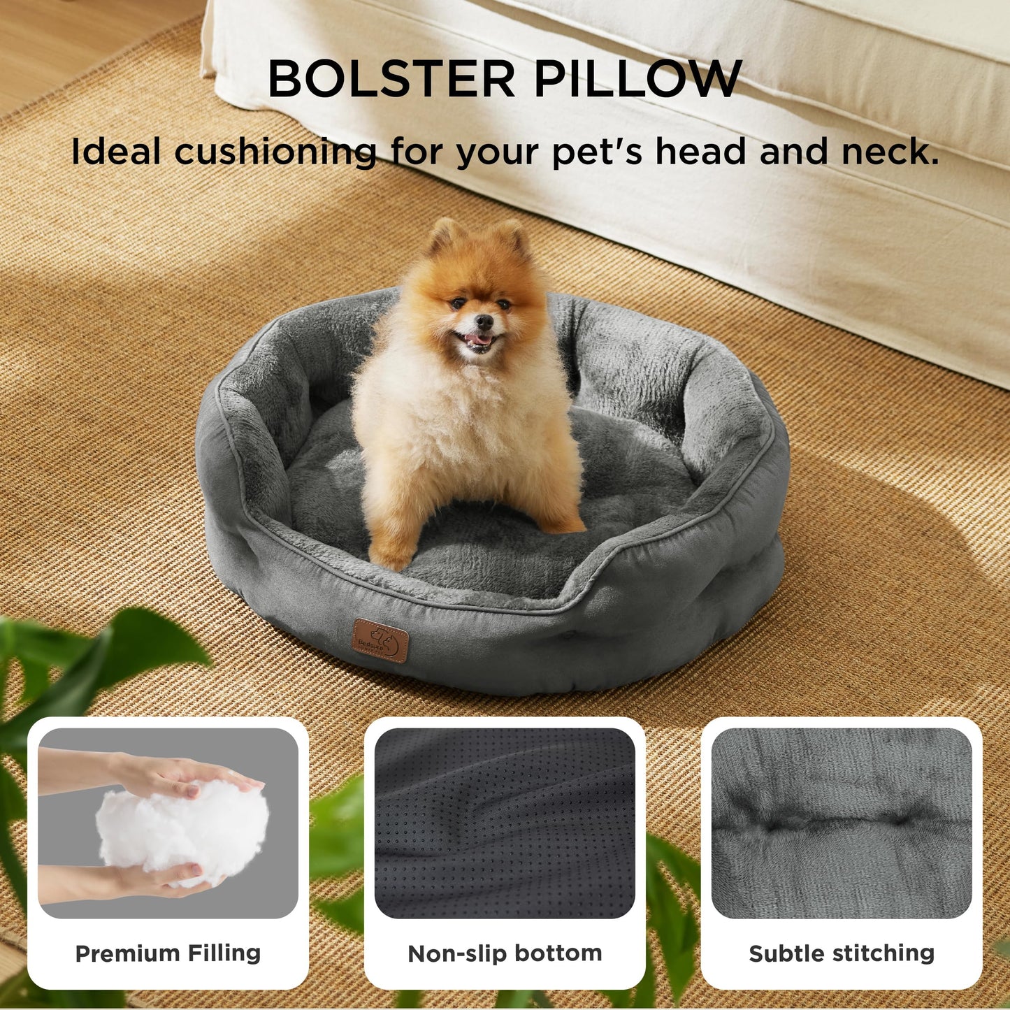 Bedsure Large Cat Beds - 63x53x20cm Round Washable Dog Bed for Small Dogs, Pet Bed for Small Dog and Puppy with Slip-Resistant Bottom and Reversible Cushion, Grey