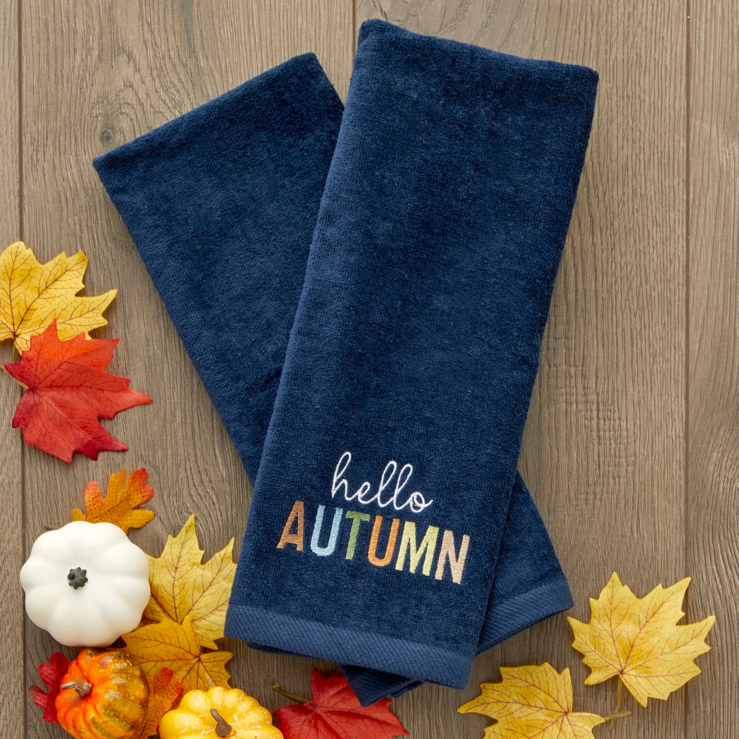 SKL Home Fall/Harvest Hello Autumn 100% Cotton Embroidered 2pc Hand Towel Set, Decorative for Bath/Kitchen/Bar & Gift, Navy