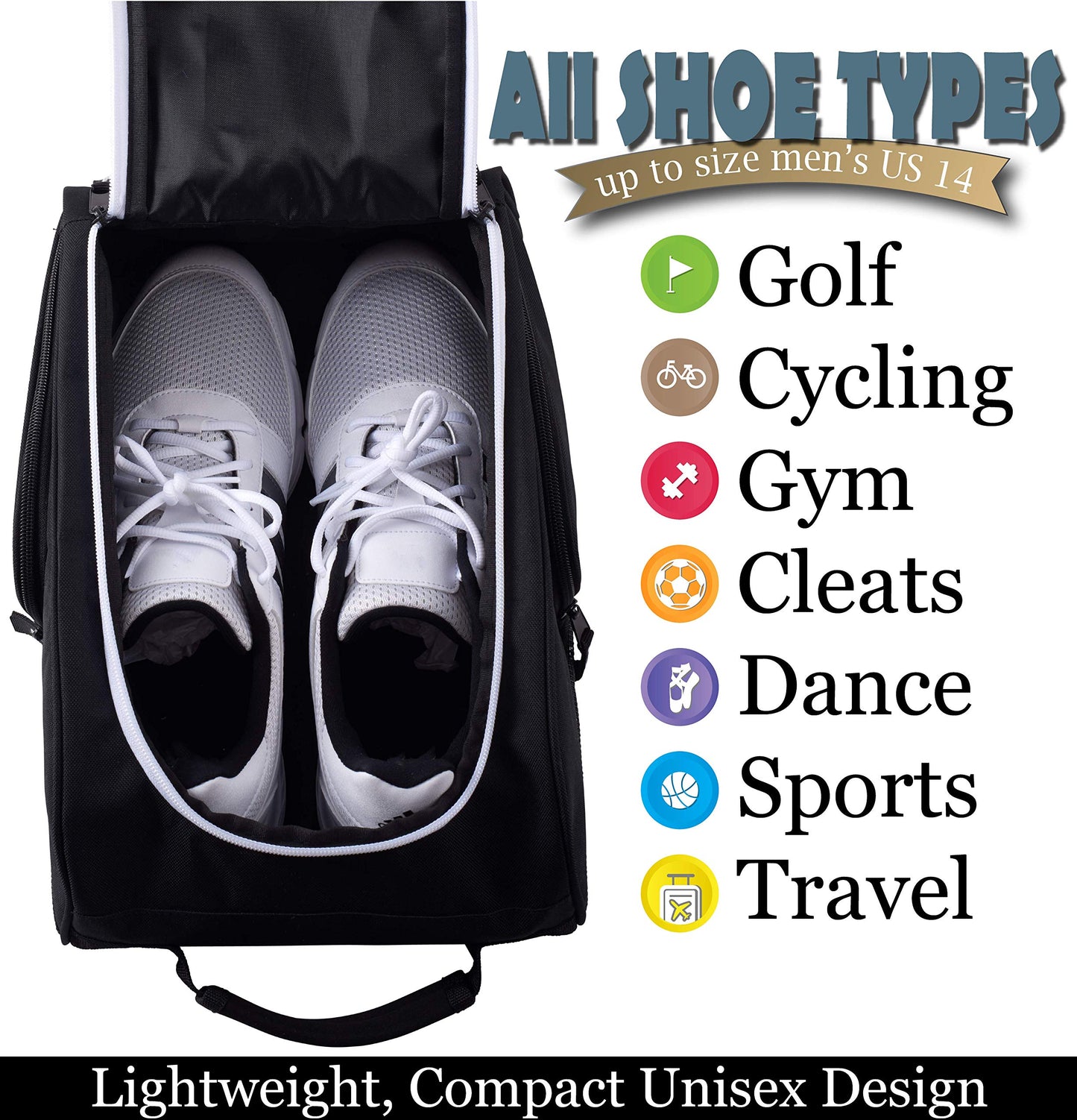 Athletico Golf Shoe Bag - Zippered Shoe Carrier Bags With Ventilation & Outside Pocket for Socks, Tees, etc. Perfect Storage (Black)