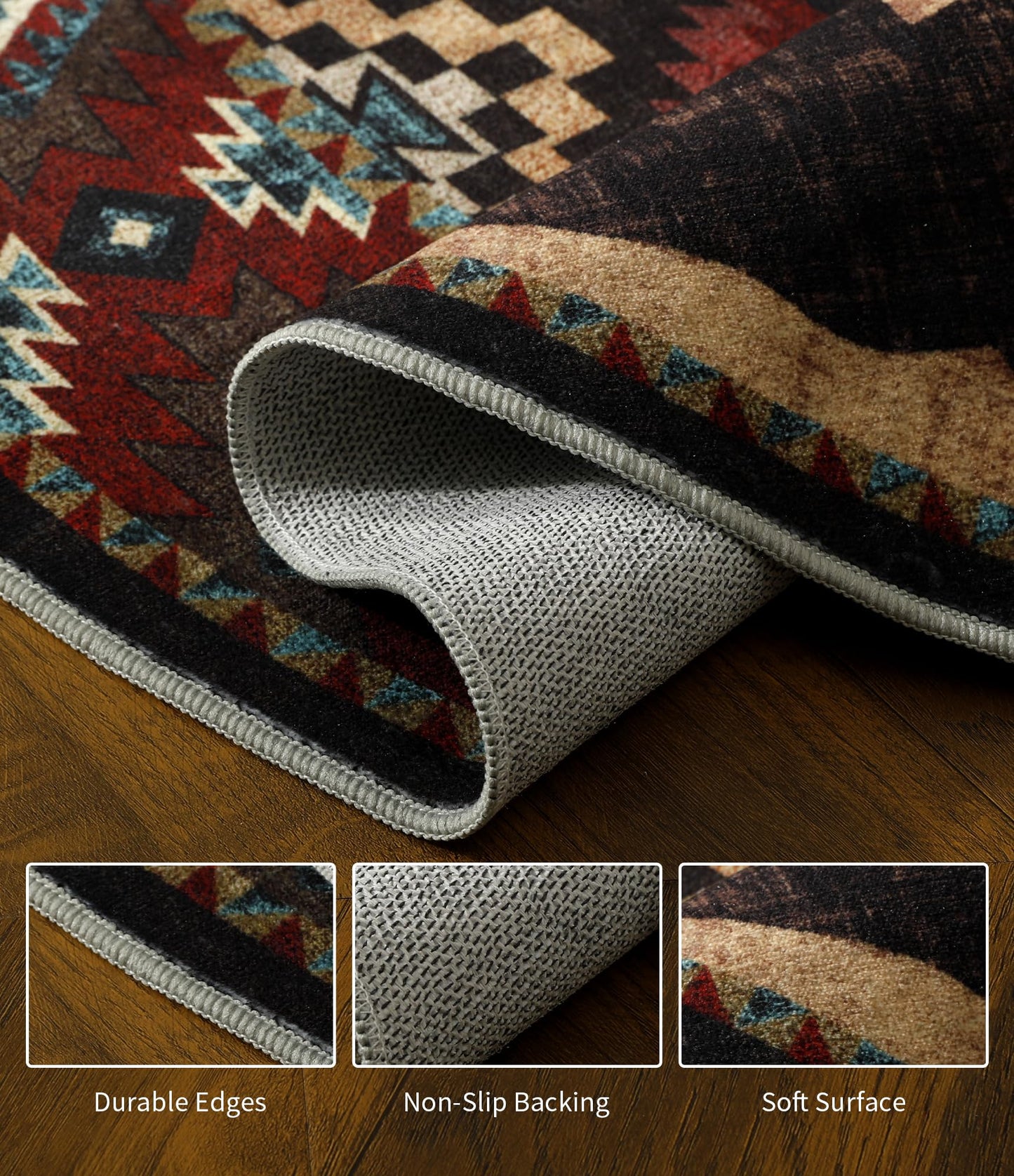 YIHOUSE Rustic Round Rug 4ft, Washable Circle Rug with Non-Slip Backing, Low Pile Soft Western Cabin Rugs for Living Room, Bedroom