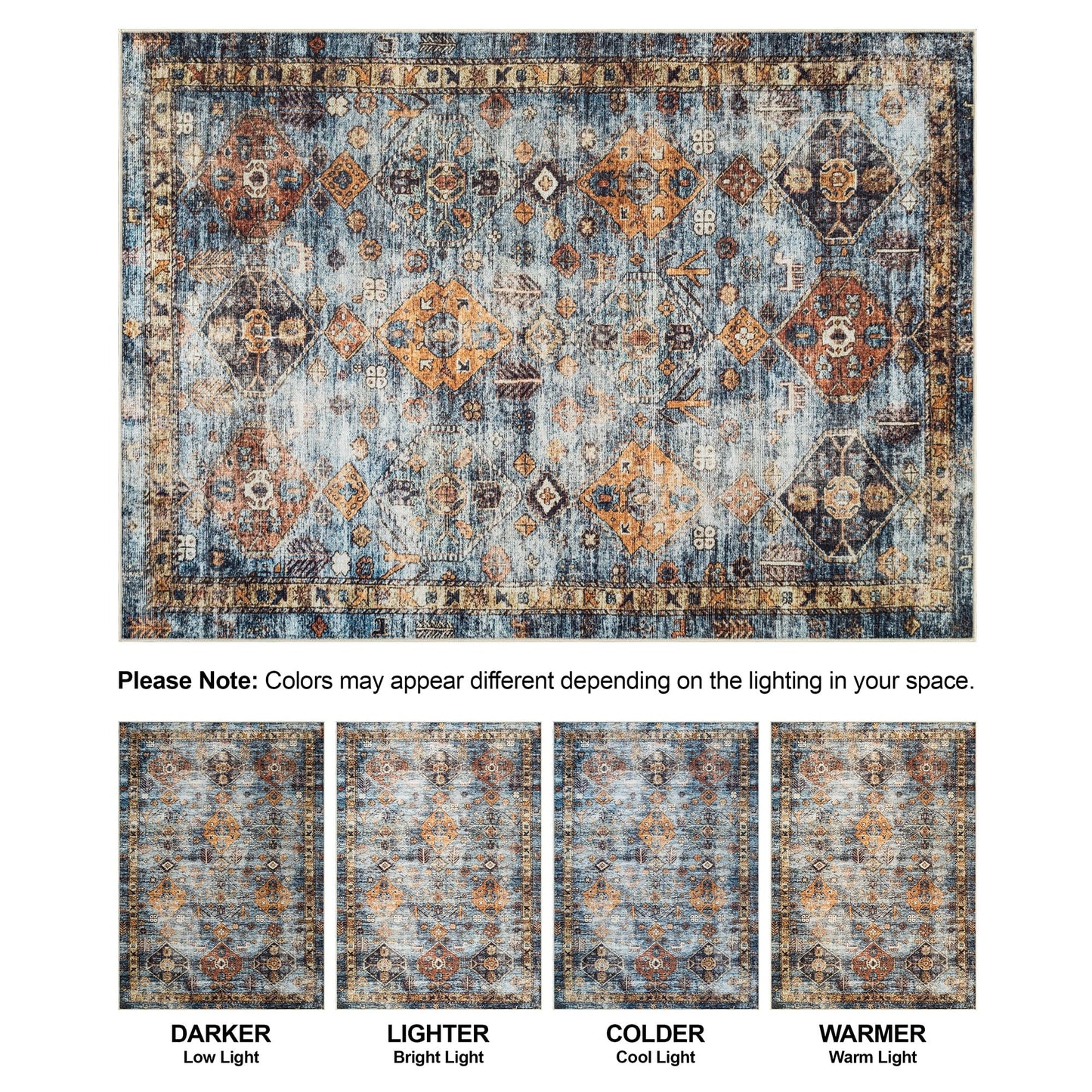 Bloom Rugs Washable Non-Slip 5' x 7' Rug - Blue/Orange Traditional Bordered Area Rug for Living Room, Bedroom, Dining Room, and Kitchen - Exact Size: 5' x 7'