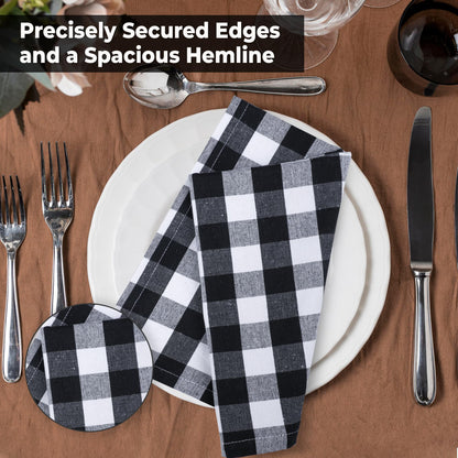 Urban Villa Cloth Napkins 100% Cotton Dinner Napkins Highly Absorbent 20x20 Inches (Set of 12) Black White Buffalo Checks Reusable Washable Soft Durable Premium Napkins Ideal for Home Wedding Parties